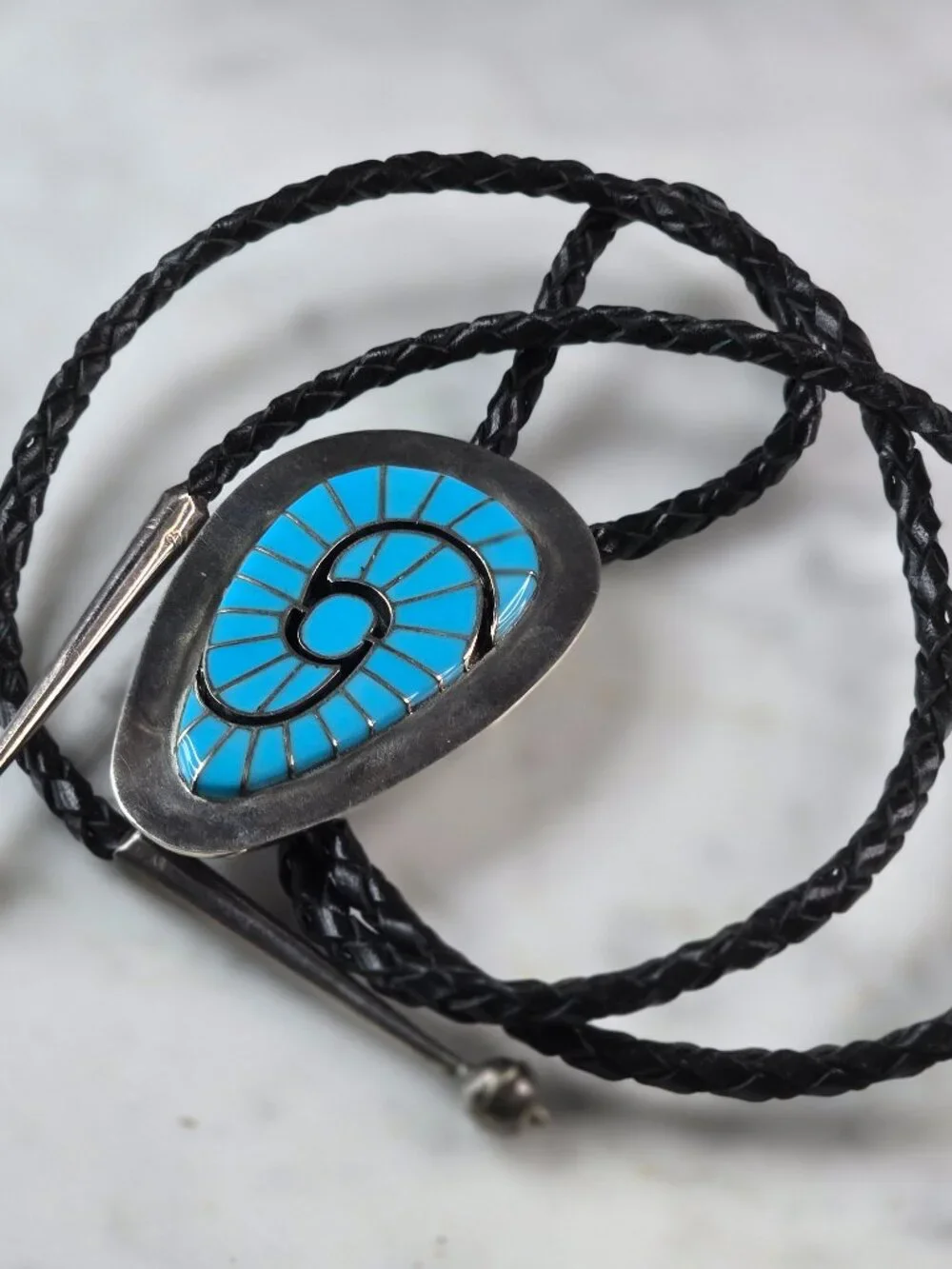 Southwestern Native American Sterling Silver Turquoise Bolo Tie E645